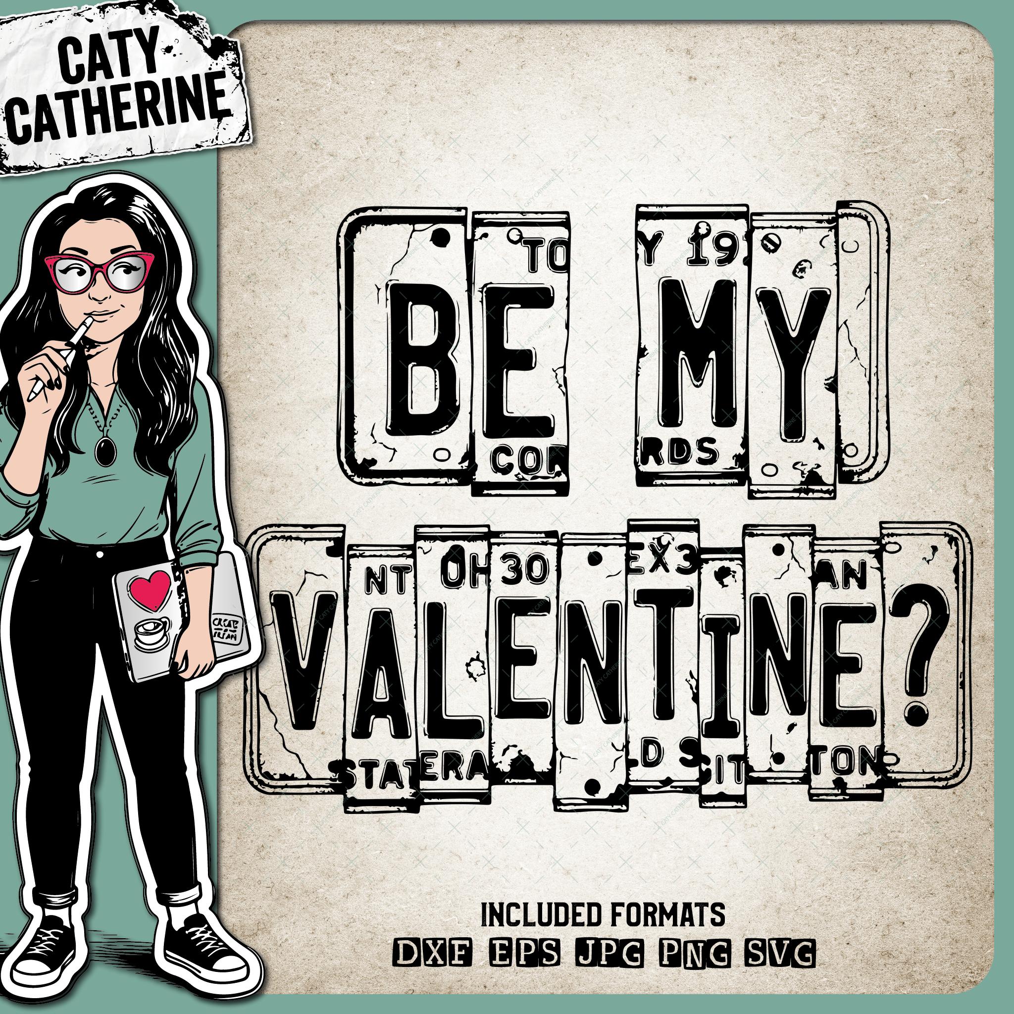 Vintage USA License Plate Typography Be My Valentine? – Valentine’s Day SVG Design by Caty Catherine