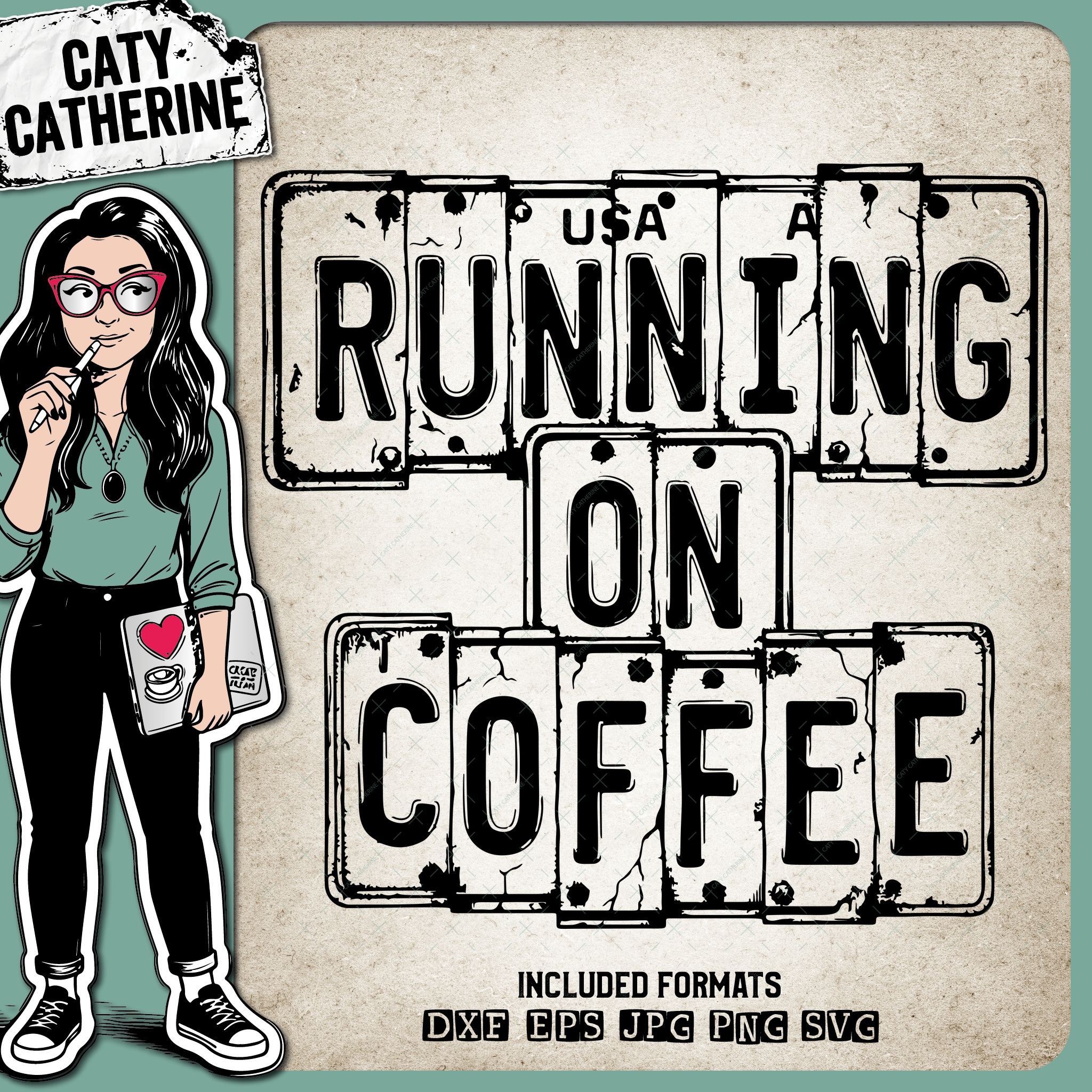 Vintage USA License Plate Typography Running On Coffee – Food & Drink SVG Design by Caty Catherine