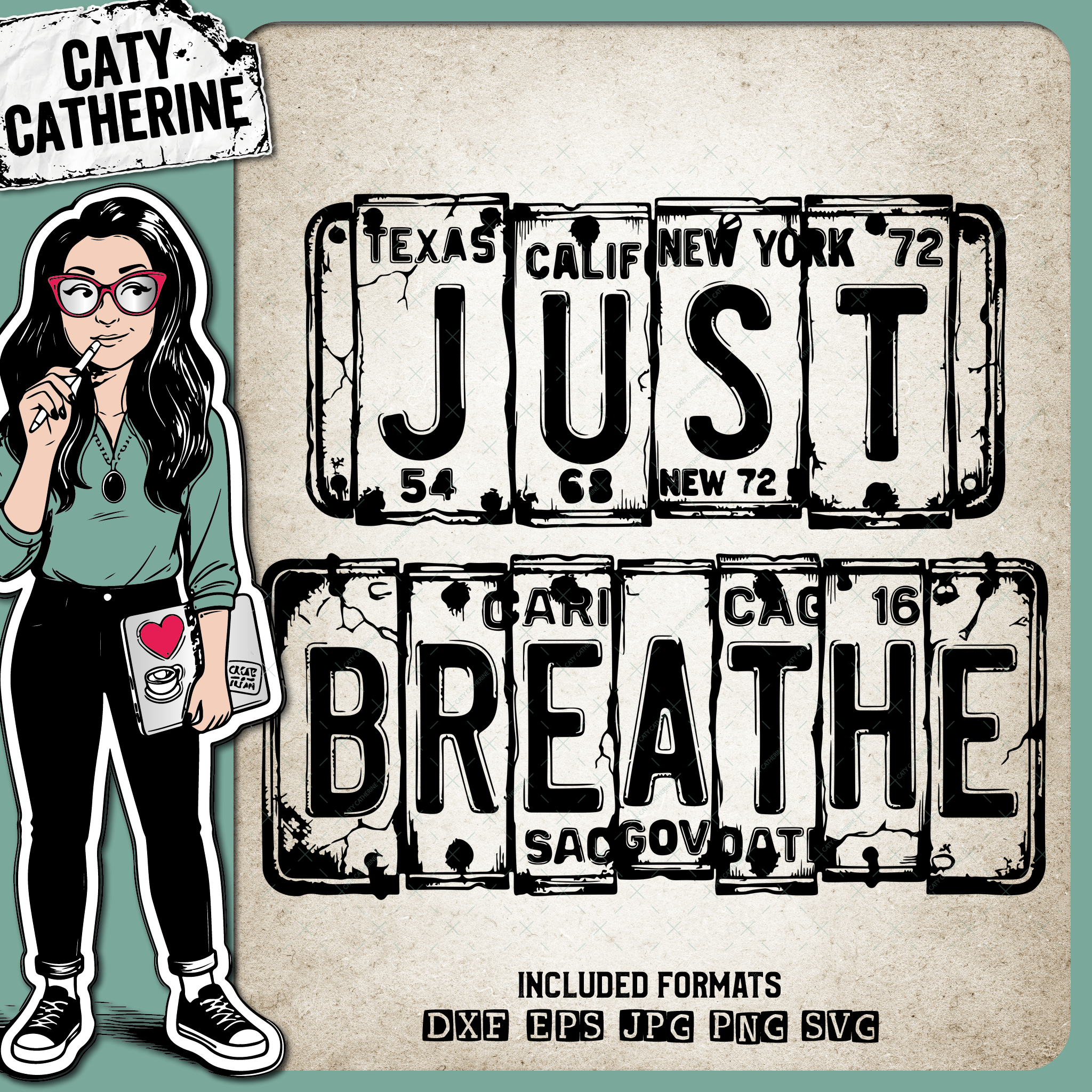 Vintage USA License Plate Typography Just Breathe – Quotes & Sayings SVG Design by Caty Catherine