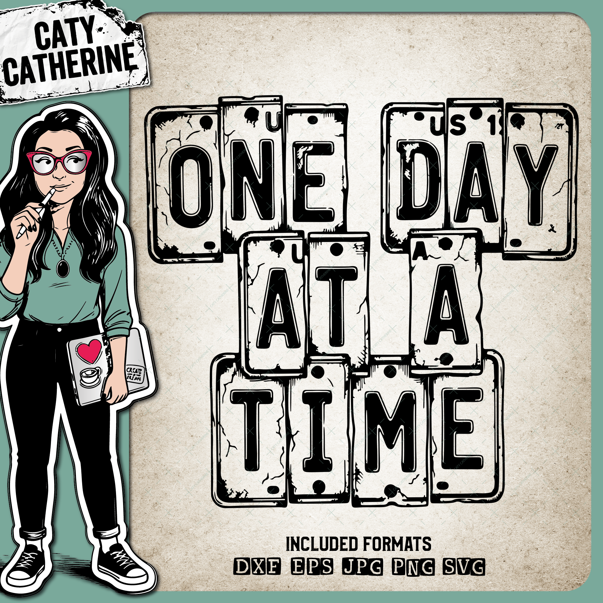 Vintage USA License Plate Typography One Day At A Time – Quotes & Sayings SVG Design by Caty Catherine