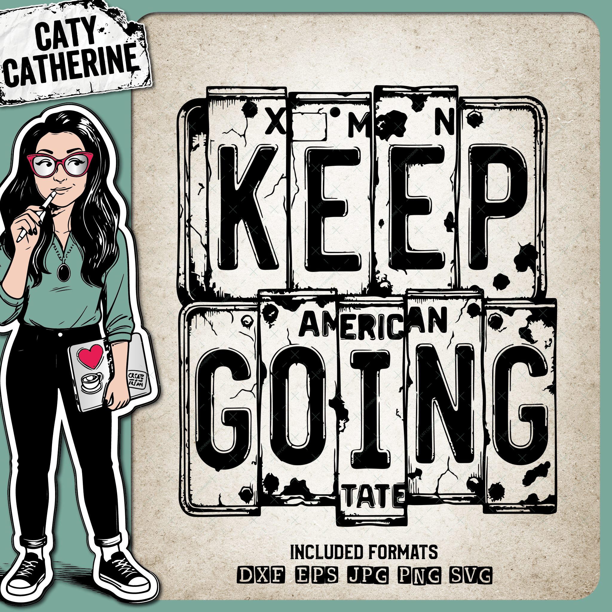 Vintage USA License Plate Typography Keep Going – Quotes & Sayings SVG Design by Caty Catherine