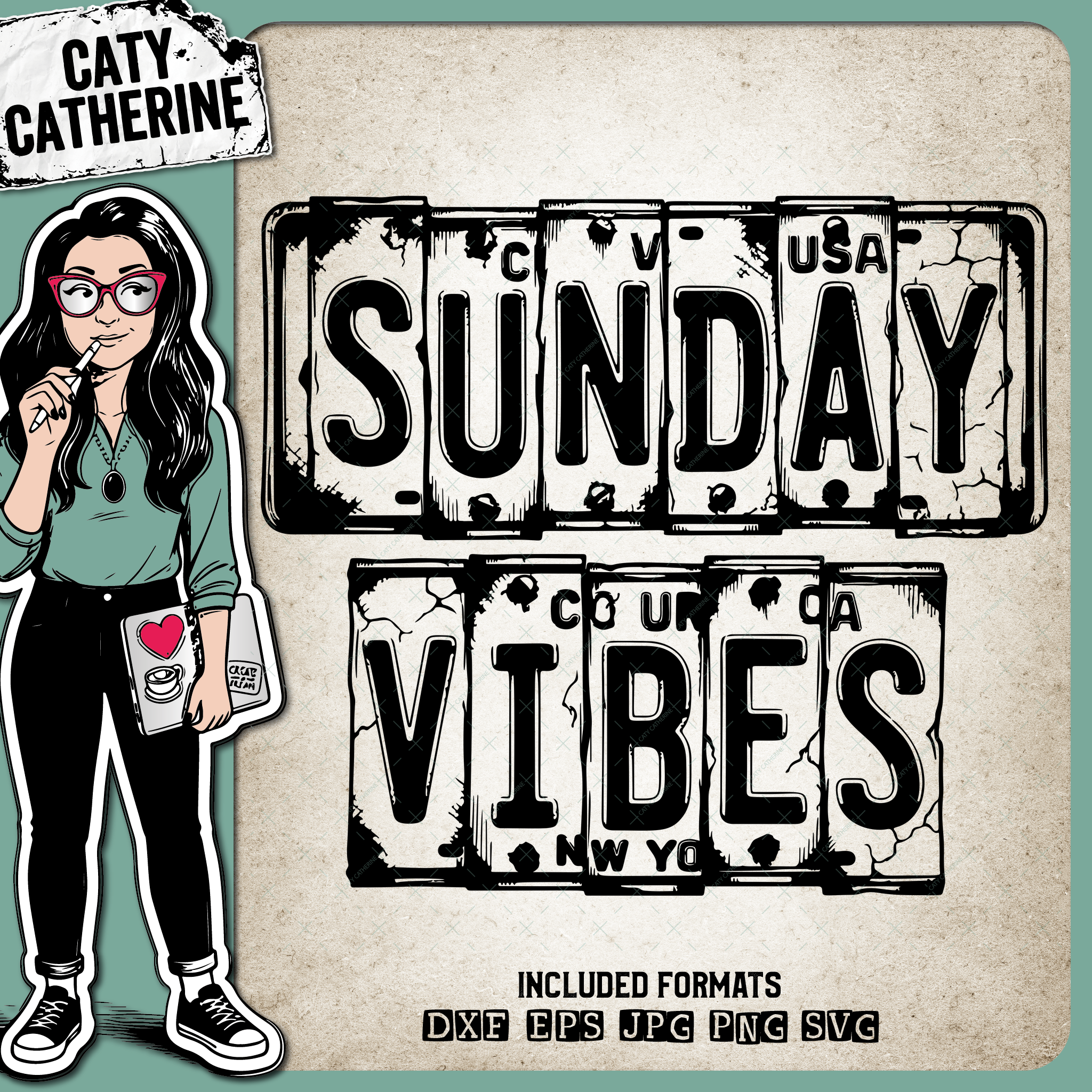 Vintage USA License Plate Typography Sunday Vibes – Quotes & Sayings SVG Design by Caty Catherine