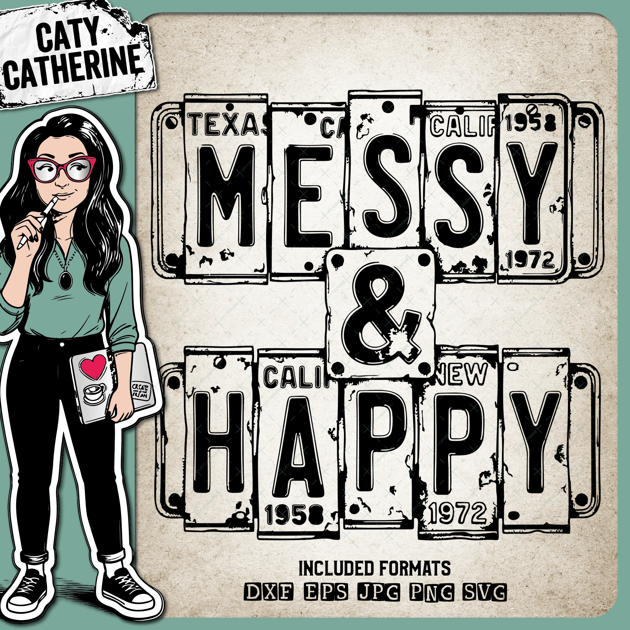 Vintage USA License Plate Typography Messy & Happy – Quotes & Sayings SVG Design by Caty Catherine