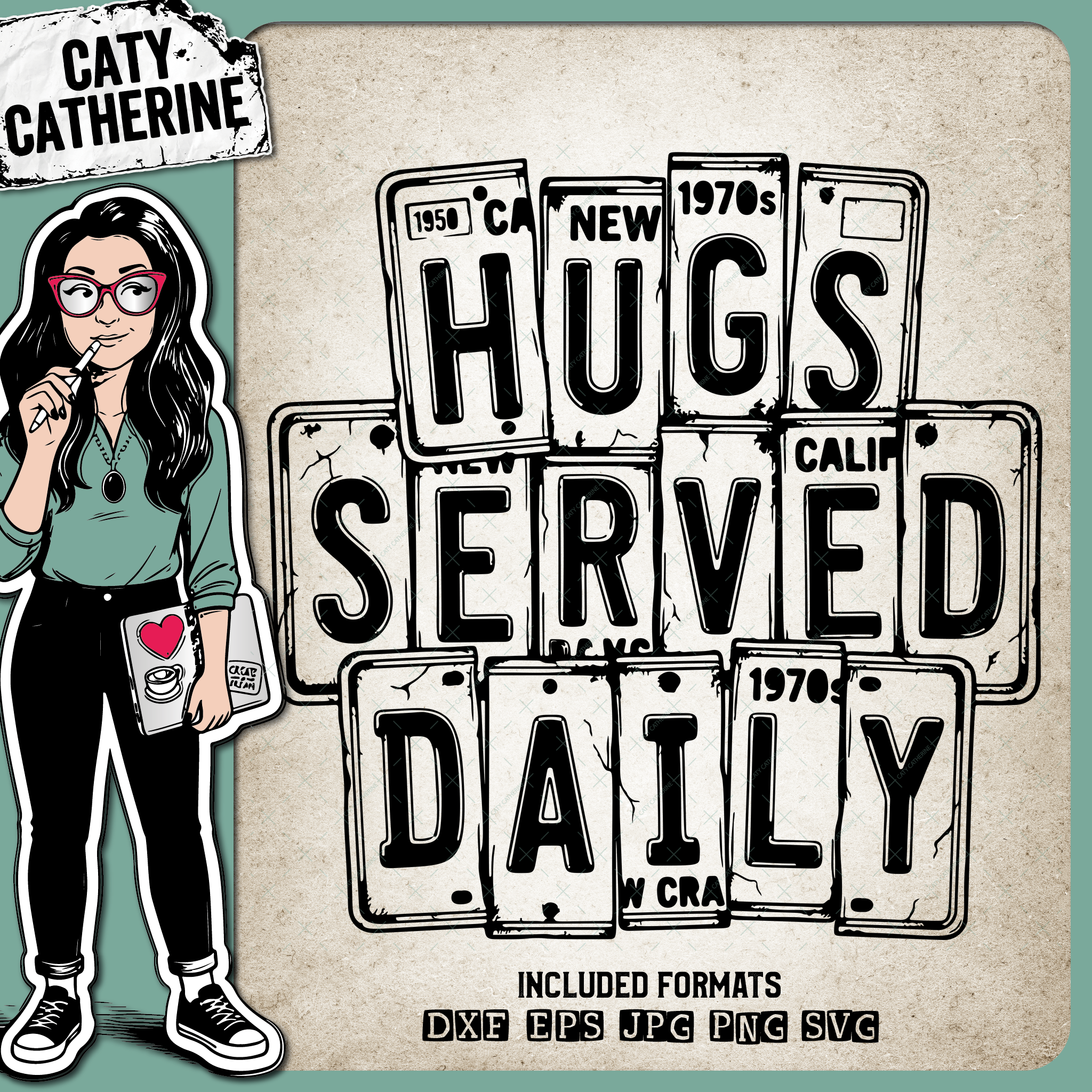 Vintage USA License Plate Typography Hugs Served Daily – Quotes & Sayings SVG Design by Caty Catherine