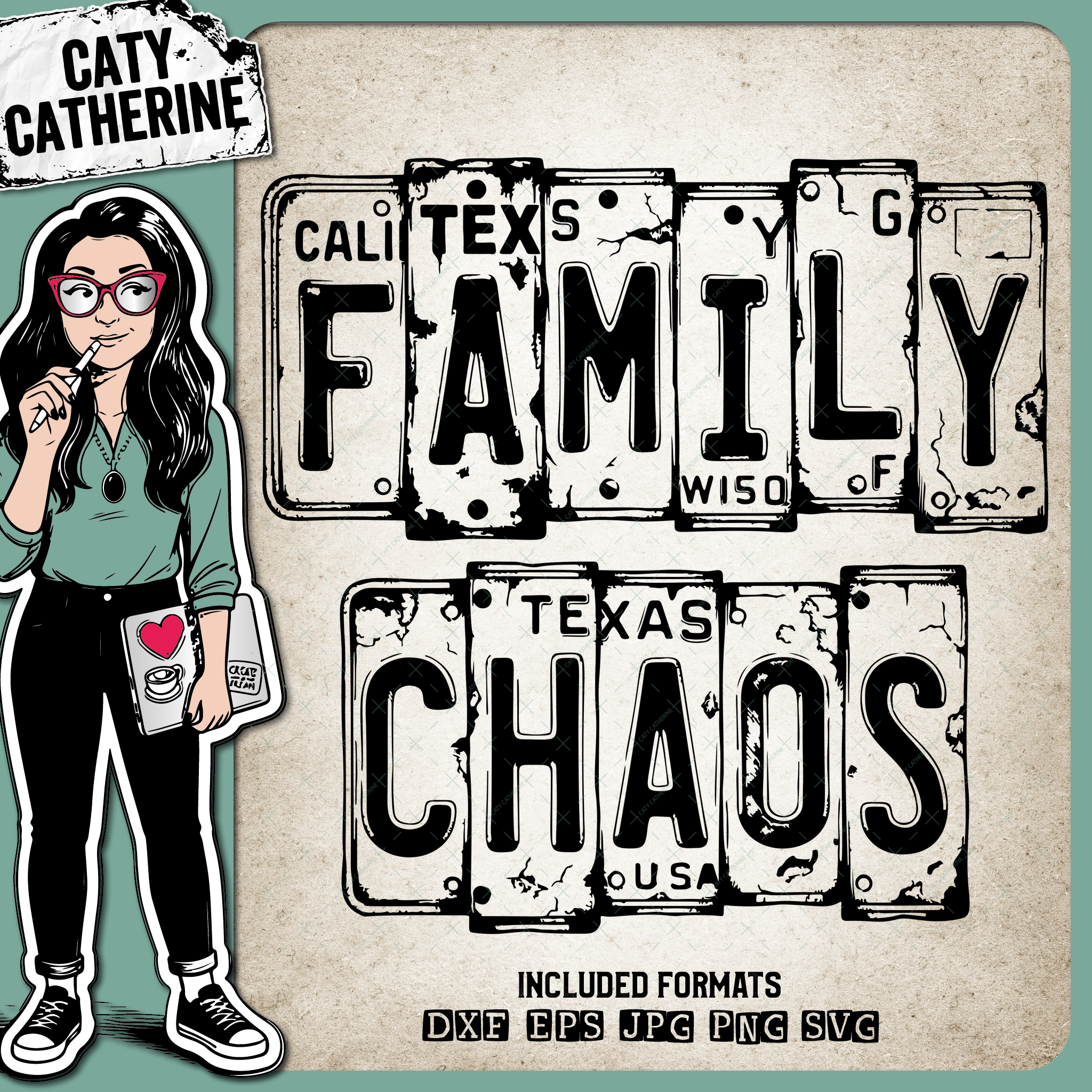 Vintage USA License Plate Typography Family Chaos – Family SVG Design by Caty Catherine