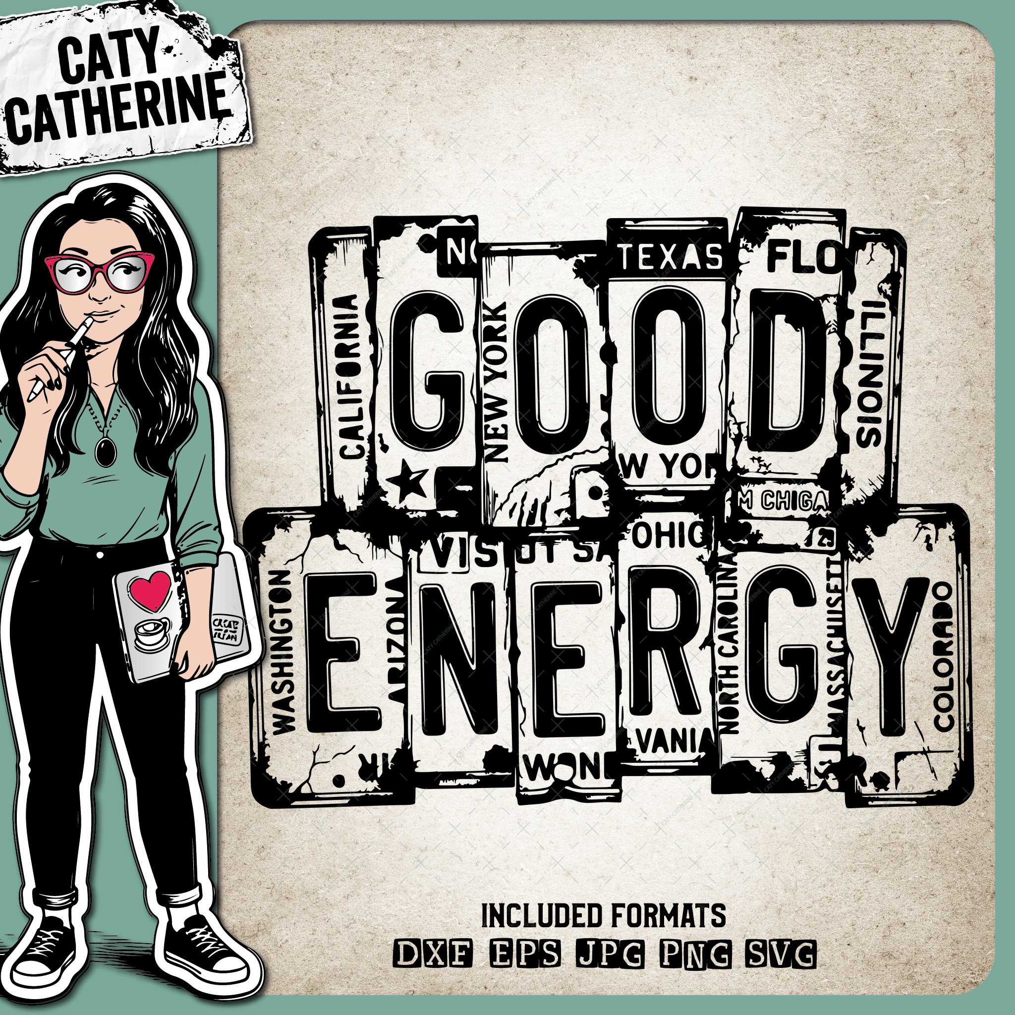 Vintage USA License Plate Typography Good Energy – Quotes & Sayings SVG Design by Caty Catherine