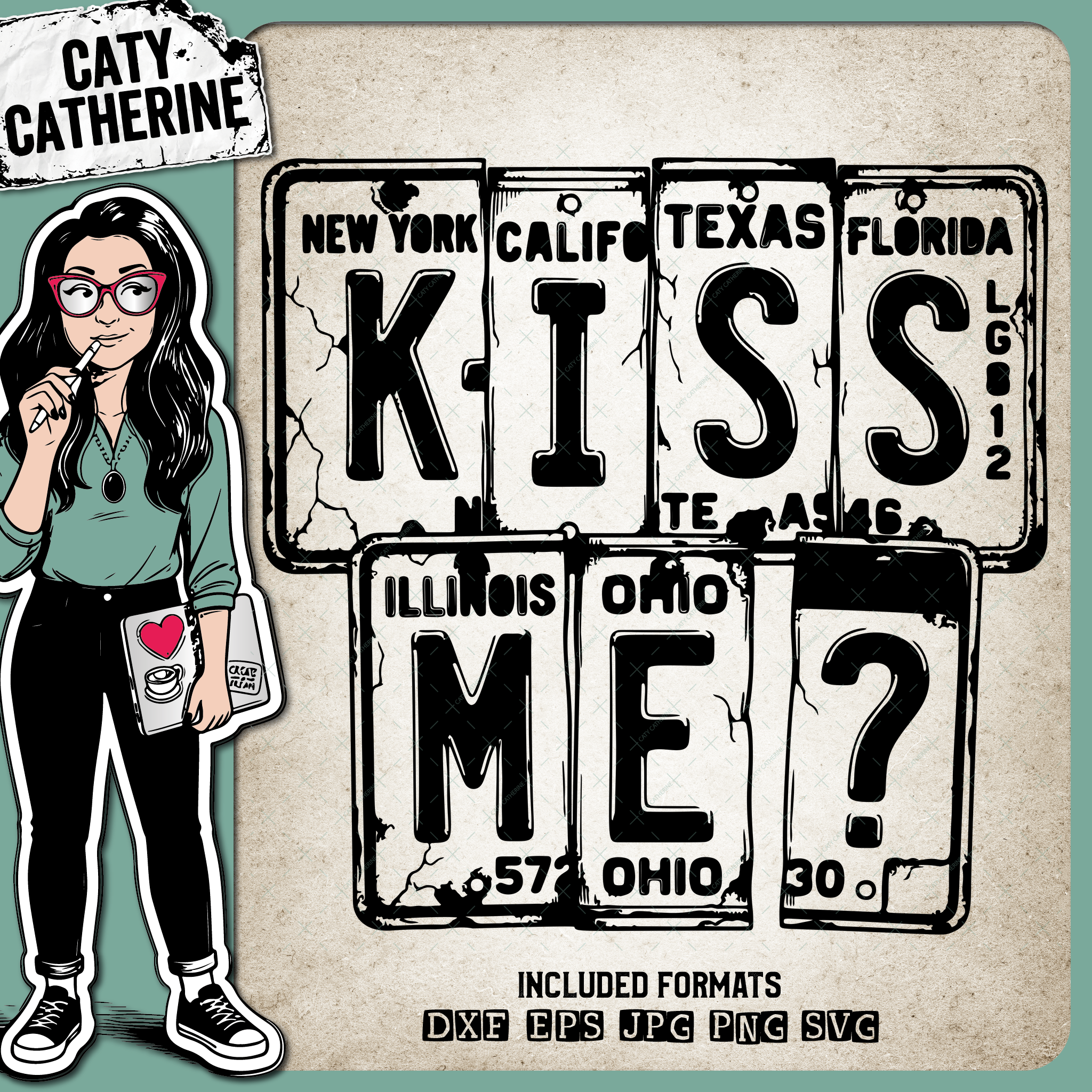 Vintage USA License Plate Typography Kiss Me? – Valentine’s Day SVG Design by Caty Catherine