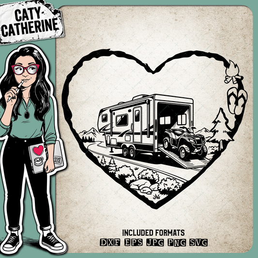 Camping Love Heart Scene Motorhome Toy Hauler with Quad – Travel SVG Design by Caty Catherine