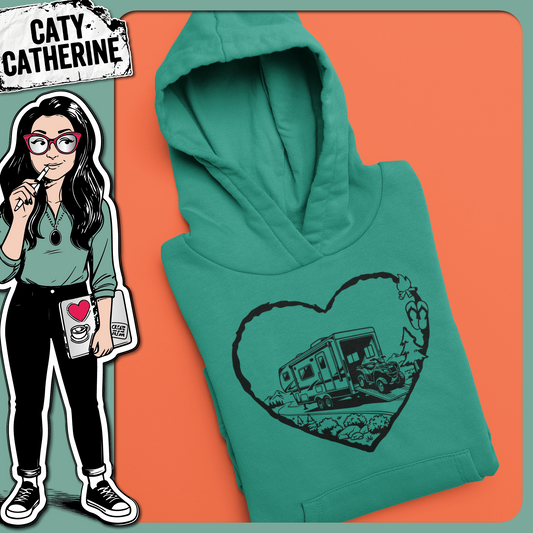 Camping Love Heart Scene Motorhome Toy Hauler with Quad – Travel SVG Design by Caty Catherine