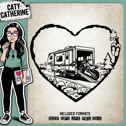 Camping Love Heart Scene Motorhome Toy Hauler with Dirt Bike – Travel SVG Design by Caty Catherine