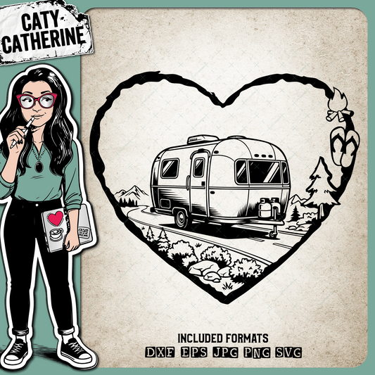 Camping Love Heart Scene Vintage Style Travel Trailer – Travel SVG Design by Caty Catherine