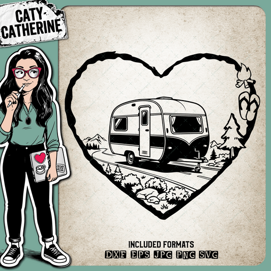 Camping Love Heart Scene Vintage Retro Caravan – Travel SVG Design by Caty Catherine