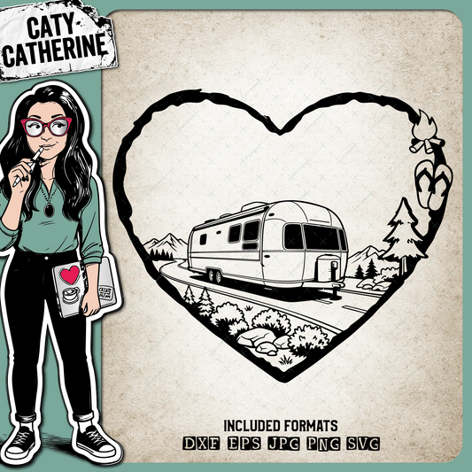 Camping Love Heart Scene Vintage Style Travel Trailer – Travel SVG Design by Caty Catherine