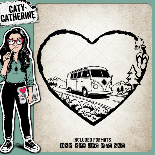 Camping Love Heart Scene Retro Camper Van – Travel SVG Design by Caty Catherine
