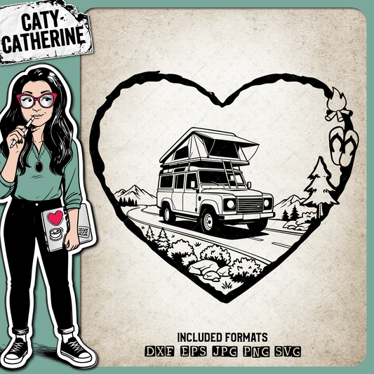 Camping Love Heart Scene Off-Road 4x4 Camper with Roof Tent – Travel SVG Design by Caty Catherine