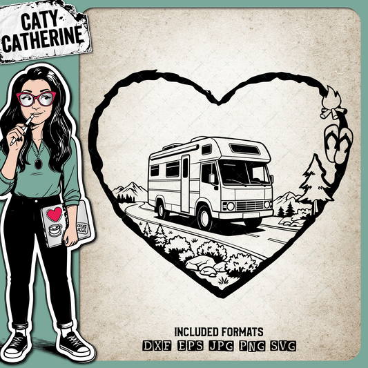 Camping Love Heart Scene Large Class A Motorhome RV  – Travel SVG Design by Caty Catherine