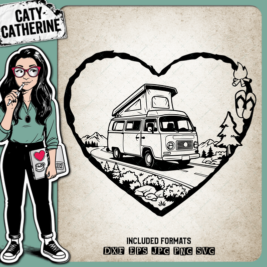 Camping Love Heart Scene Retro Pop Top Camper Van – Travel SVG Design by Caty Catherine