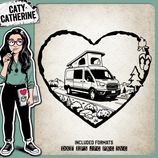 Camping Love Heart Scene Camper Van Conversion Pop Top – Travel SVG Design by Caty Catherine