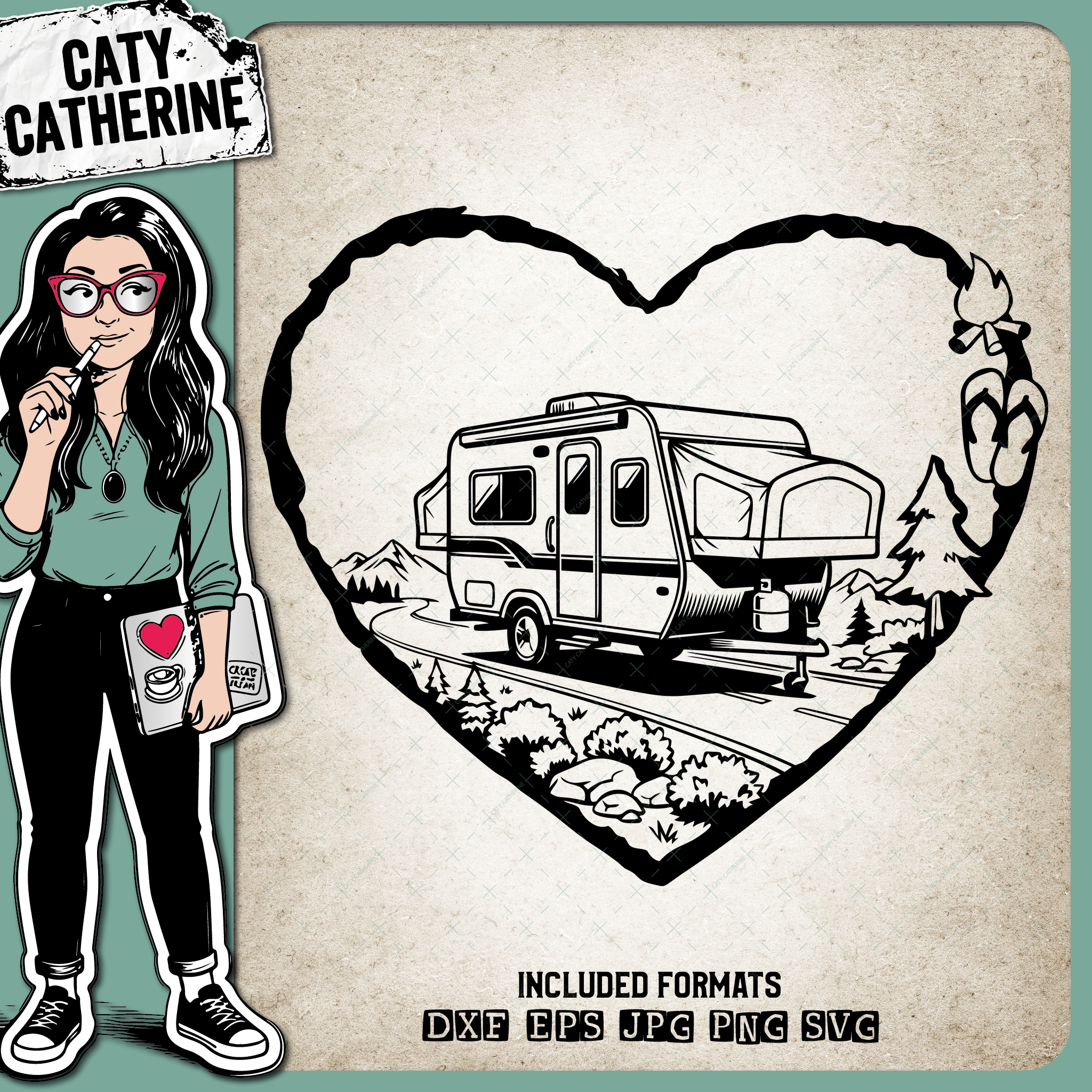 Camping Love Heart Scene Pop-Up Camper – Travel SVG Design by Caty Catherine