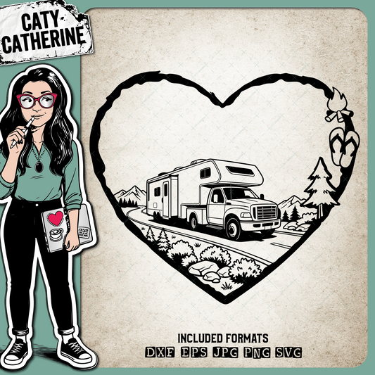 Camping Love Heart Scene Truck & Fifth Wheel Camper Trailer Motorhome – Travel SVG Design by Caty Catherine