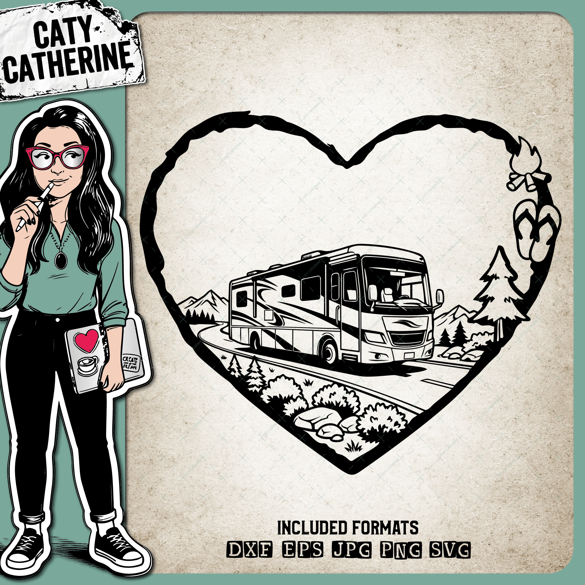 Camping Love Heart Scene Luxury Motorhome Coach – Travel SVG Design by Caty Catherine