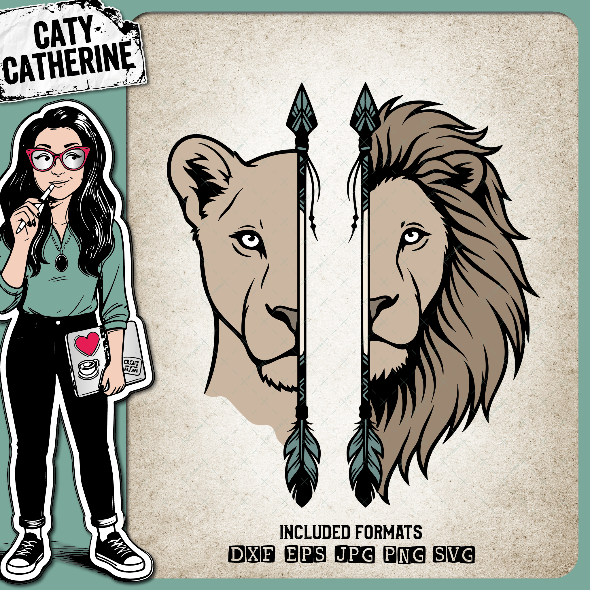 Lion and Lioness Arrow Split Face Design – Pets & Animals SVG Design by Caty Catherine
