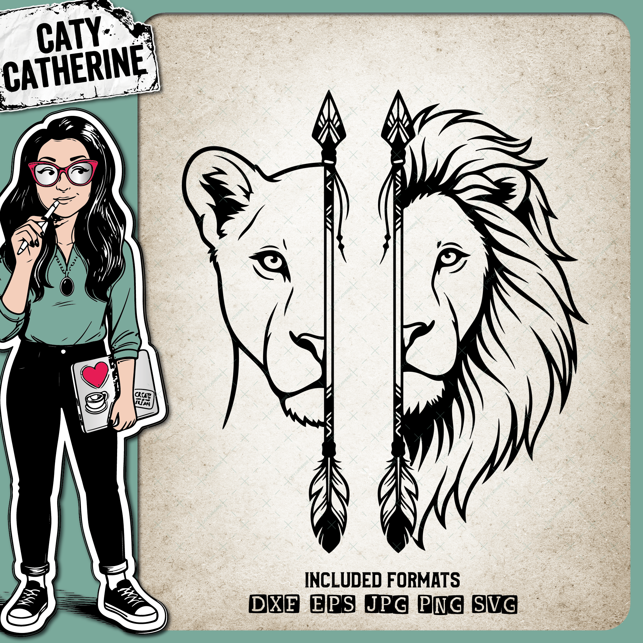 Lion and Lioness Arrow Split Face Outline Design – Pets & Animals SVG Design by Caty Catherine
