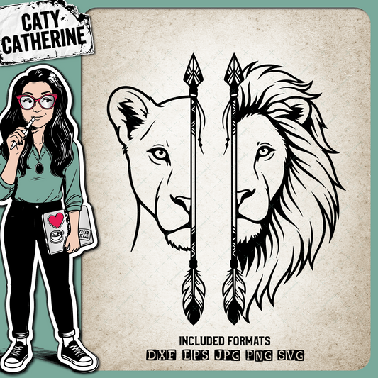 Lion and Lioness Arrow Split Face Outline Design – Pets & Animals SVG Design by Caty Catherine