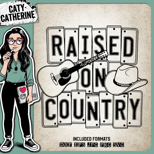 Raised on Country Music Guitar and Hat Western Design – Western SVG Design by Caty Catherine