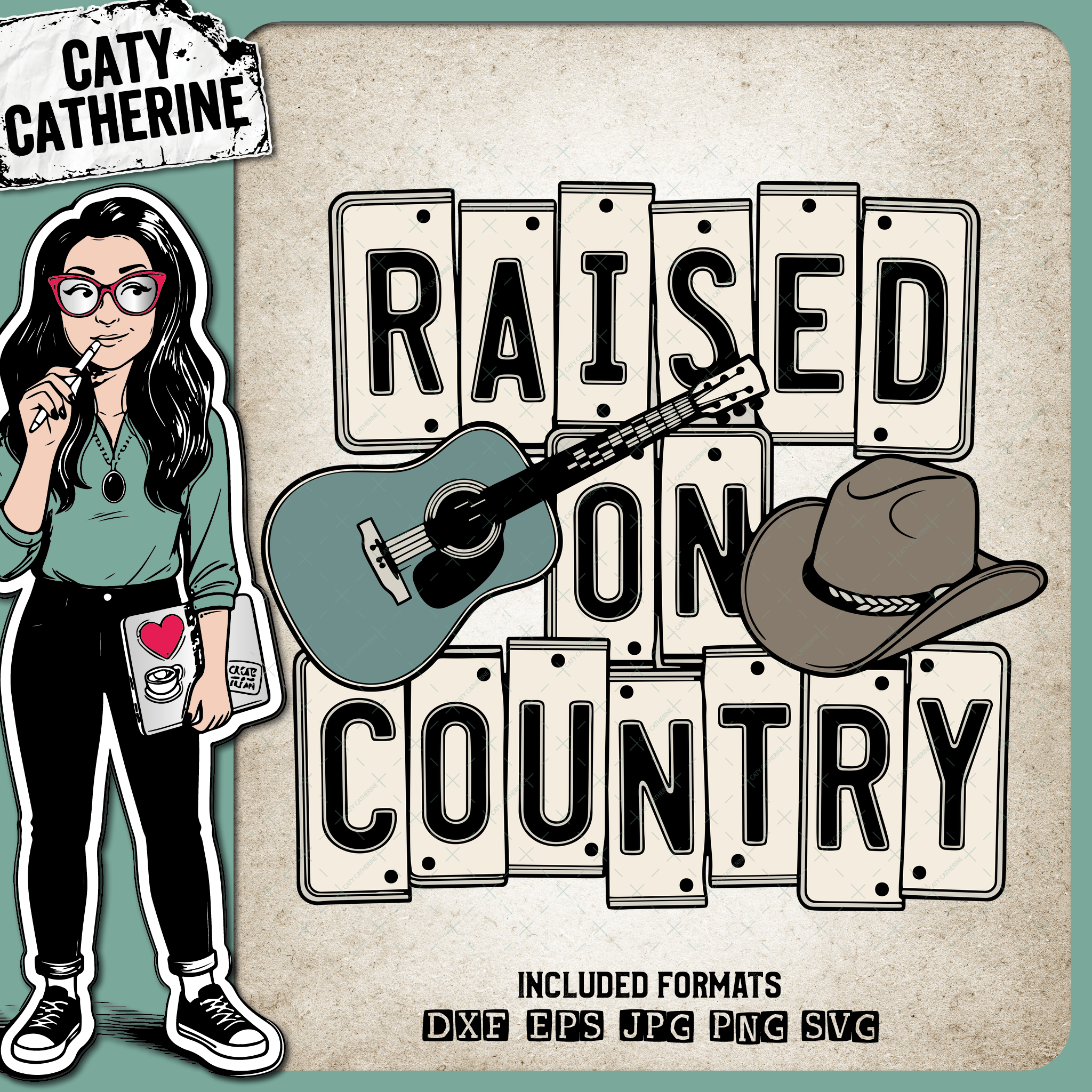 Raised on Country Music Guitar and Hat Colour Western Design – Western SVG Design by Caty Catherine