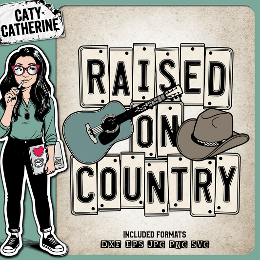 Raised on Country Music Guitar and Hat Colour Western Design – Western SVG Design by Caty Catherine