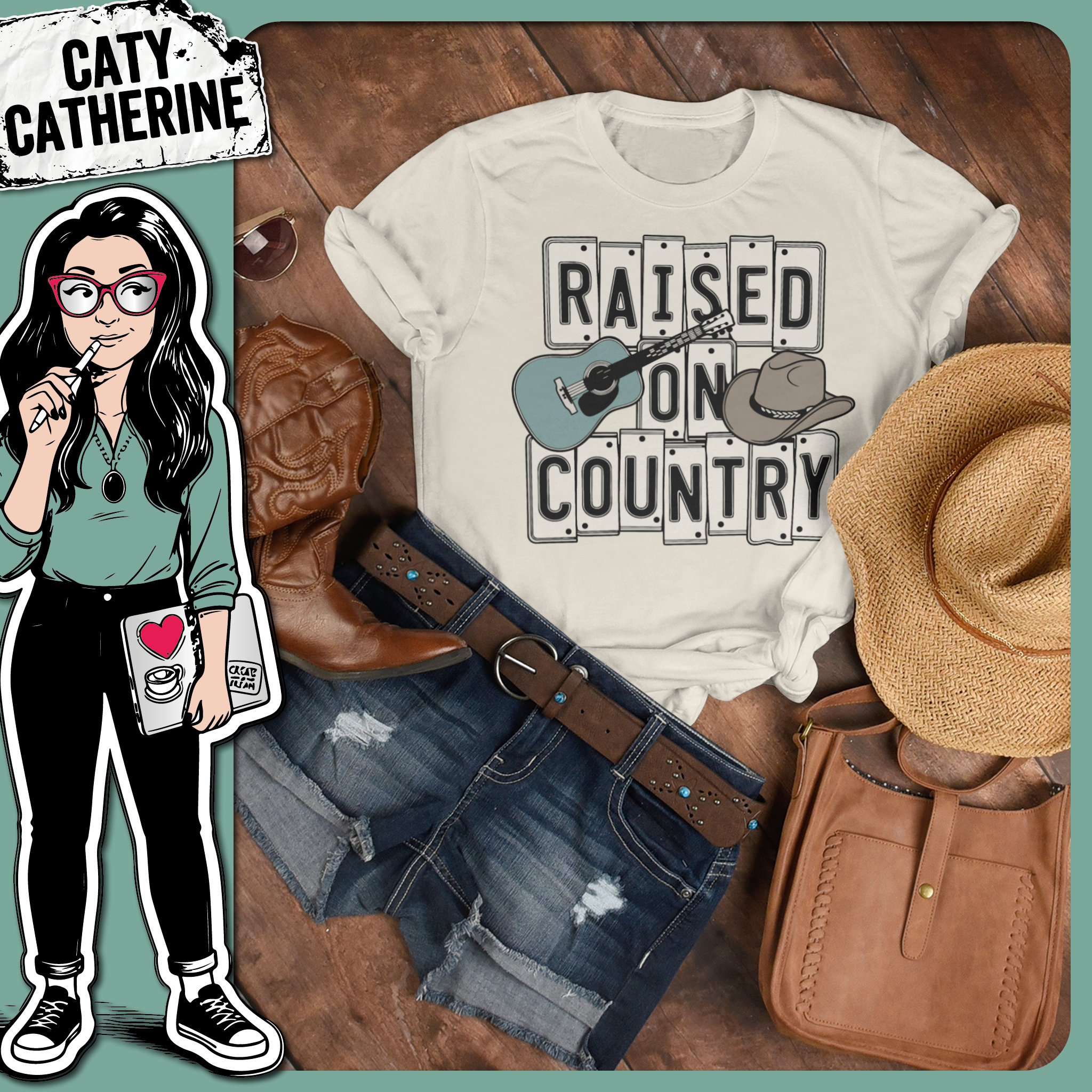 Raised on Country Music Guitar and Hat Colour Western Design – Western SVG Design by Caty Catherine