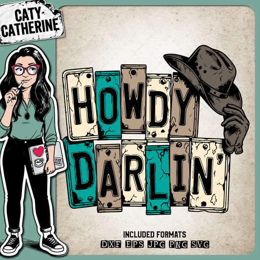 Howdy Darlin' License Plate Typography with Cowboy Hat & Leather Gloves – Western SVG Design by Caty Catherine