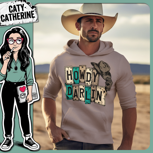 Howdy Darlin' License Plate Typography with Cowboy Hat & Leather Gloves – Western SVG Design by Caty Catherine