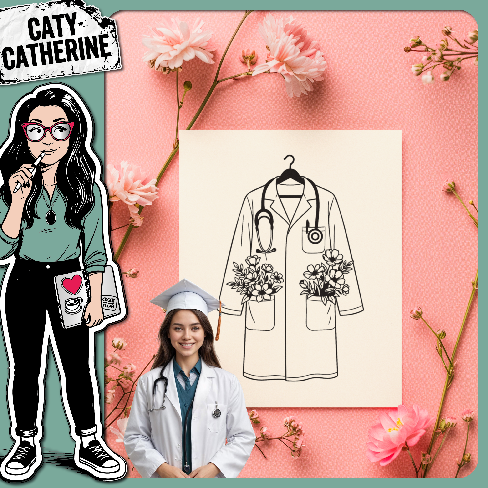 Medical Graduation Stethoscope Doctor Coat with Flowers – Occupations SVG Design by Caty Catherine