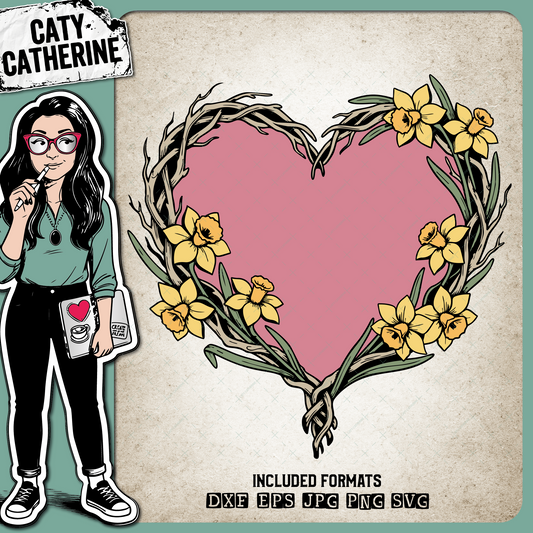 Intertwined Willow Twigs and Daffodil Love Heart – Love SVG Design by Caty Catherine