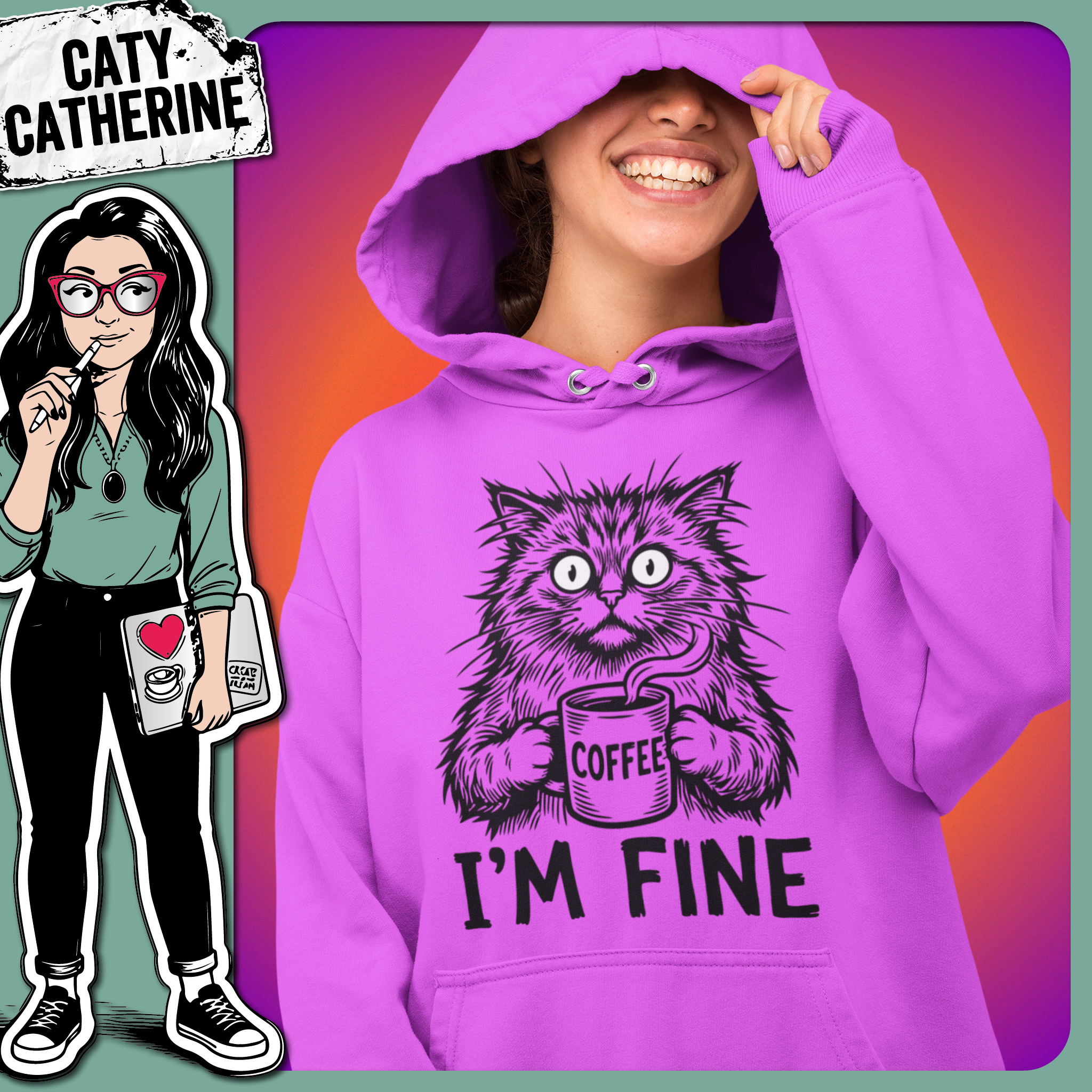 Bedraggled Cat with Coffee Mug I'm Fine – Quotes & Sayings SVG Design by Caty Catherine