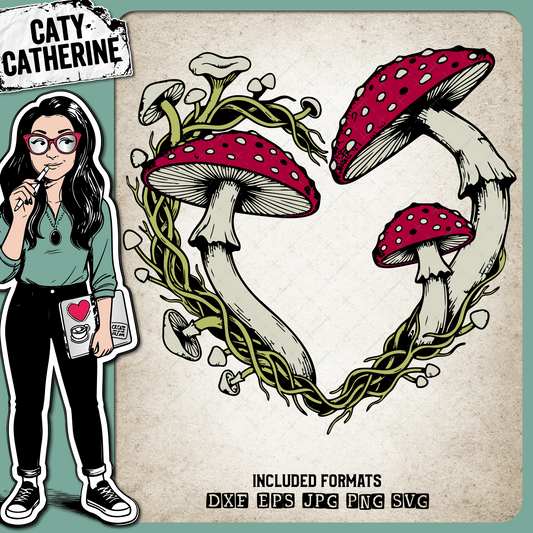 Beautiful Fly Agaric Mushroom Fungi Mycelium Love Heart Wreath – Outdoors SVG Design by Caty Catherine