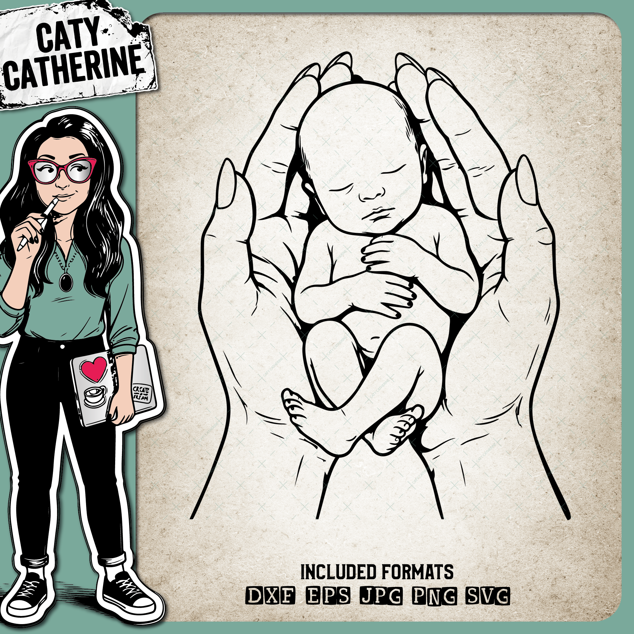 Sleeping Baby Held in Caring Hands Line Art – Babies & Kids SVG Design by Caty Catherine