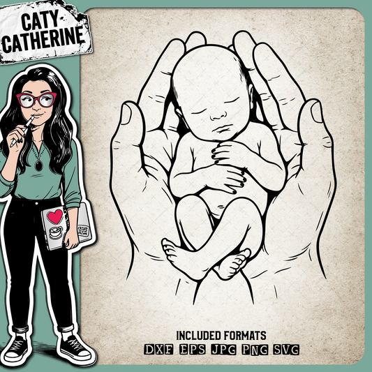 Sleeping Baby Held in Protective Hands Line Art – Babies & Kids SVG Design by Caty Catherine