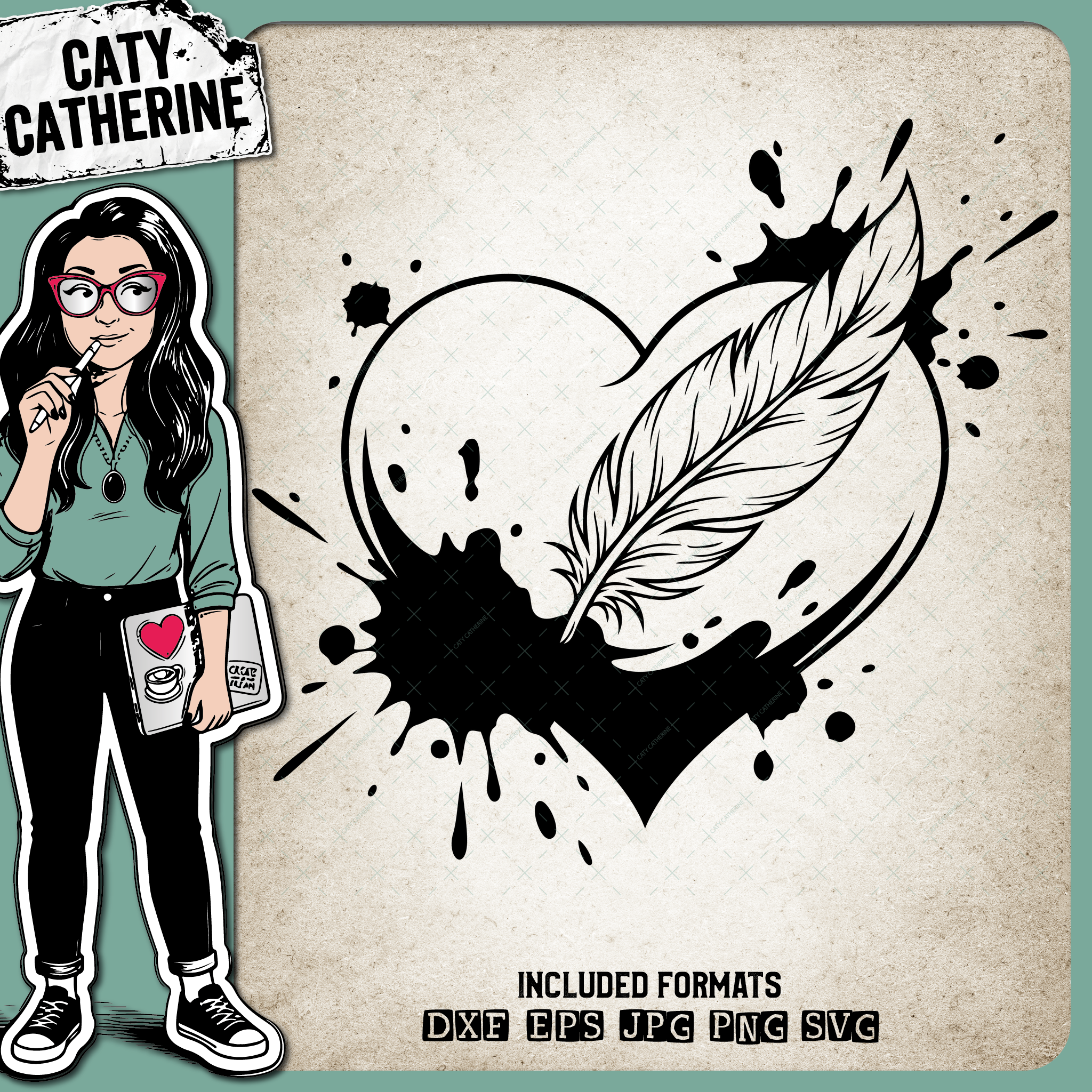 Feather Heart Ink Splash Design – Love SVG Design by Caty Catherine