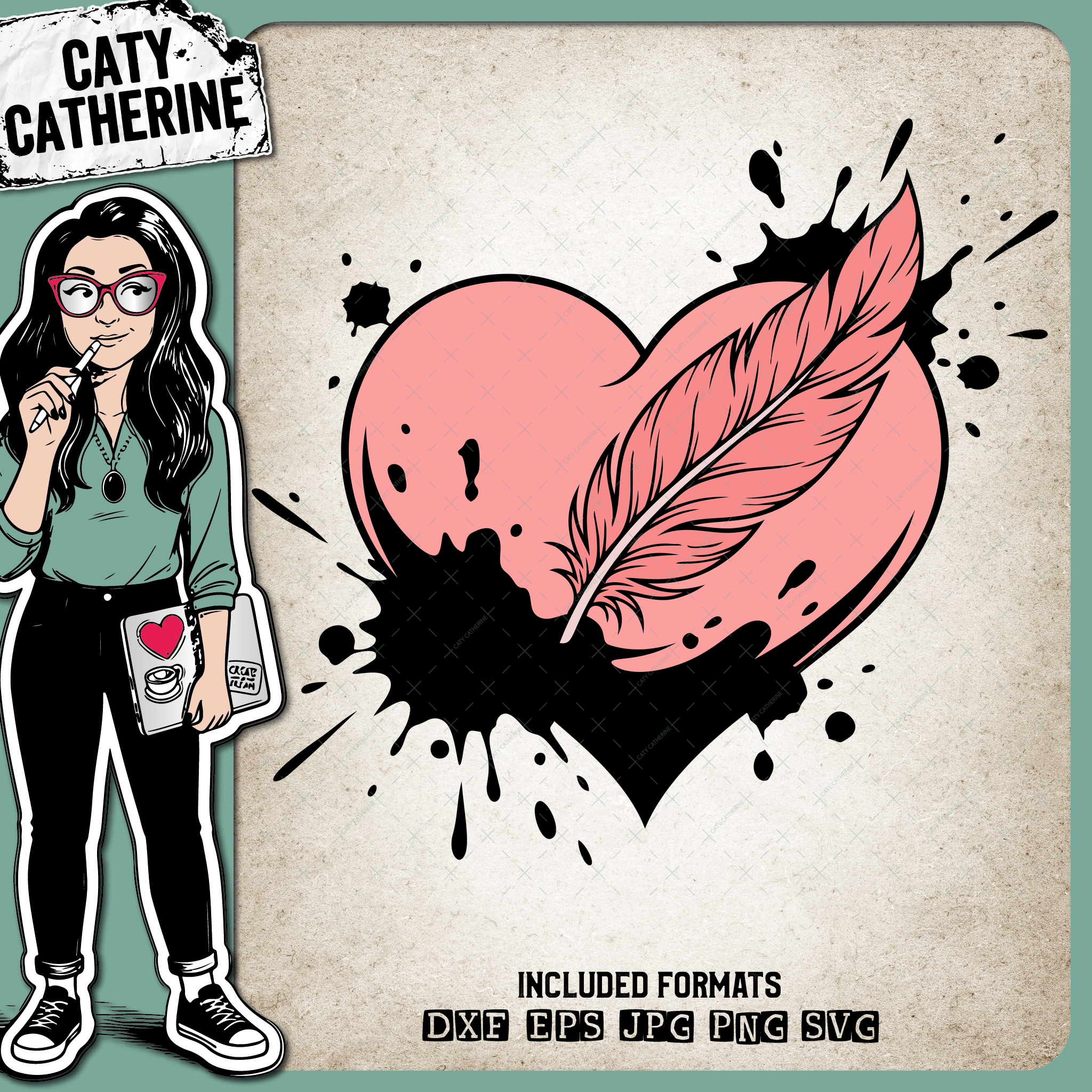 Pink Feather Heart Ink Splash Design – Love SVG Design by Caty Catherine