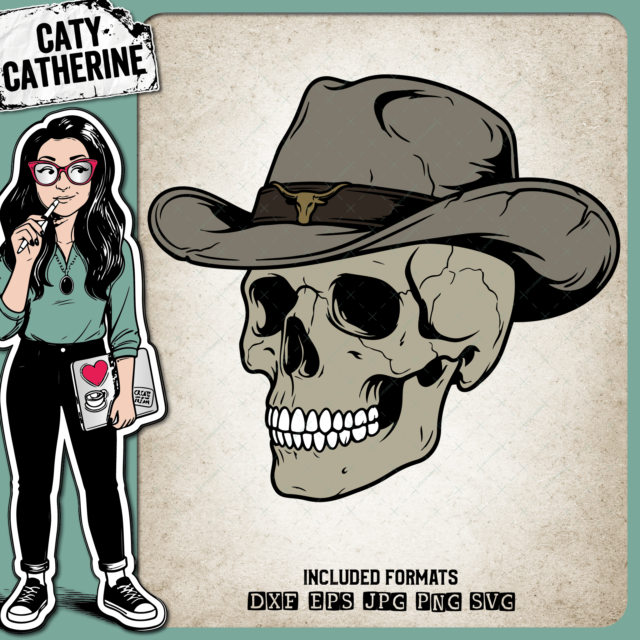 Beige Cowboy Skull Western Hat Design – Western SVG Design by Caty Catherine