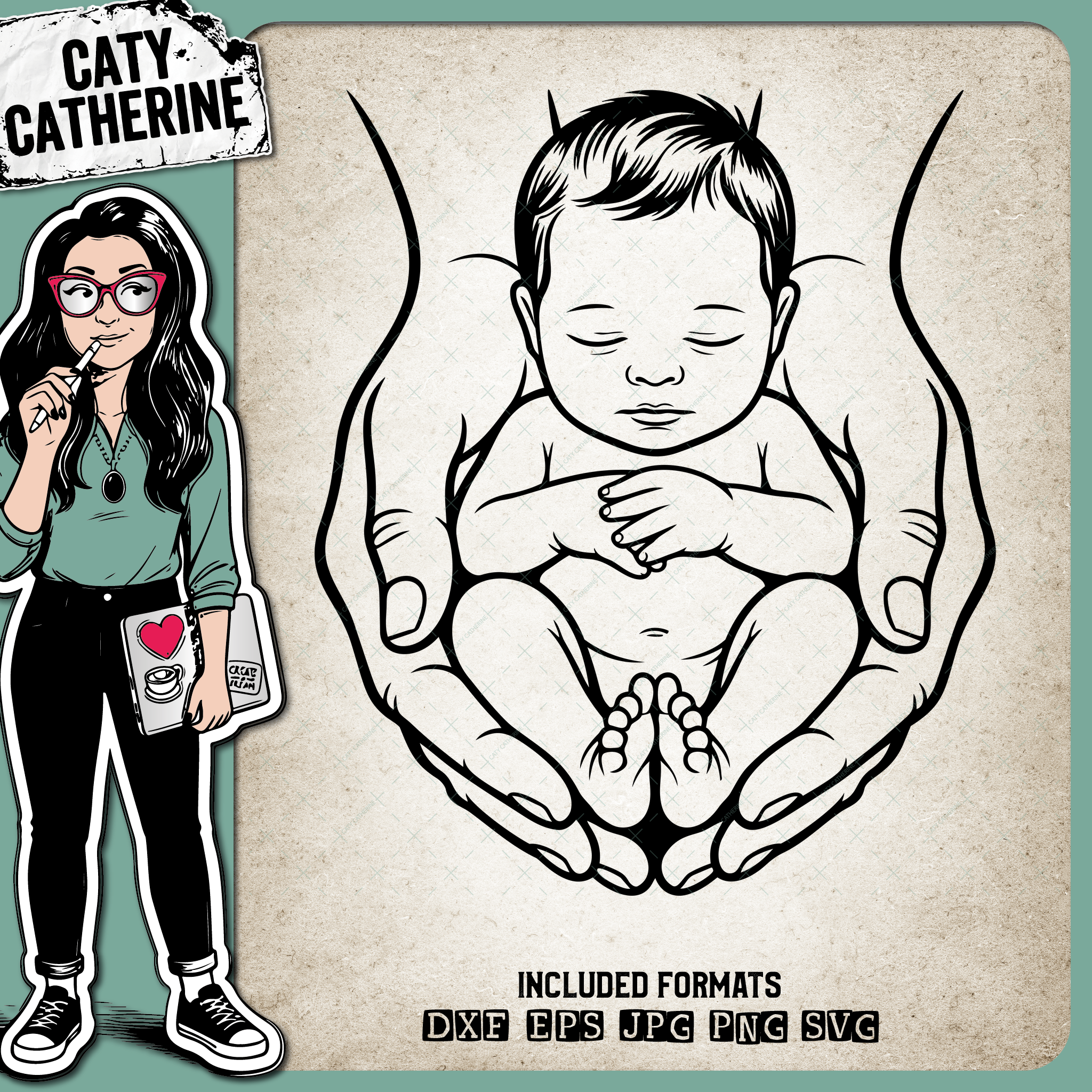 Sleeping Baby Cradled in Hands Line Art – Babies & Kids SVG Design by Caty Catherine