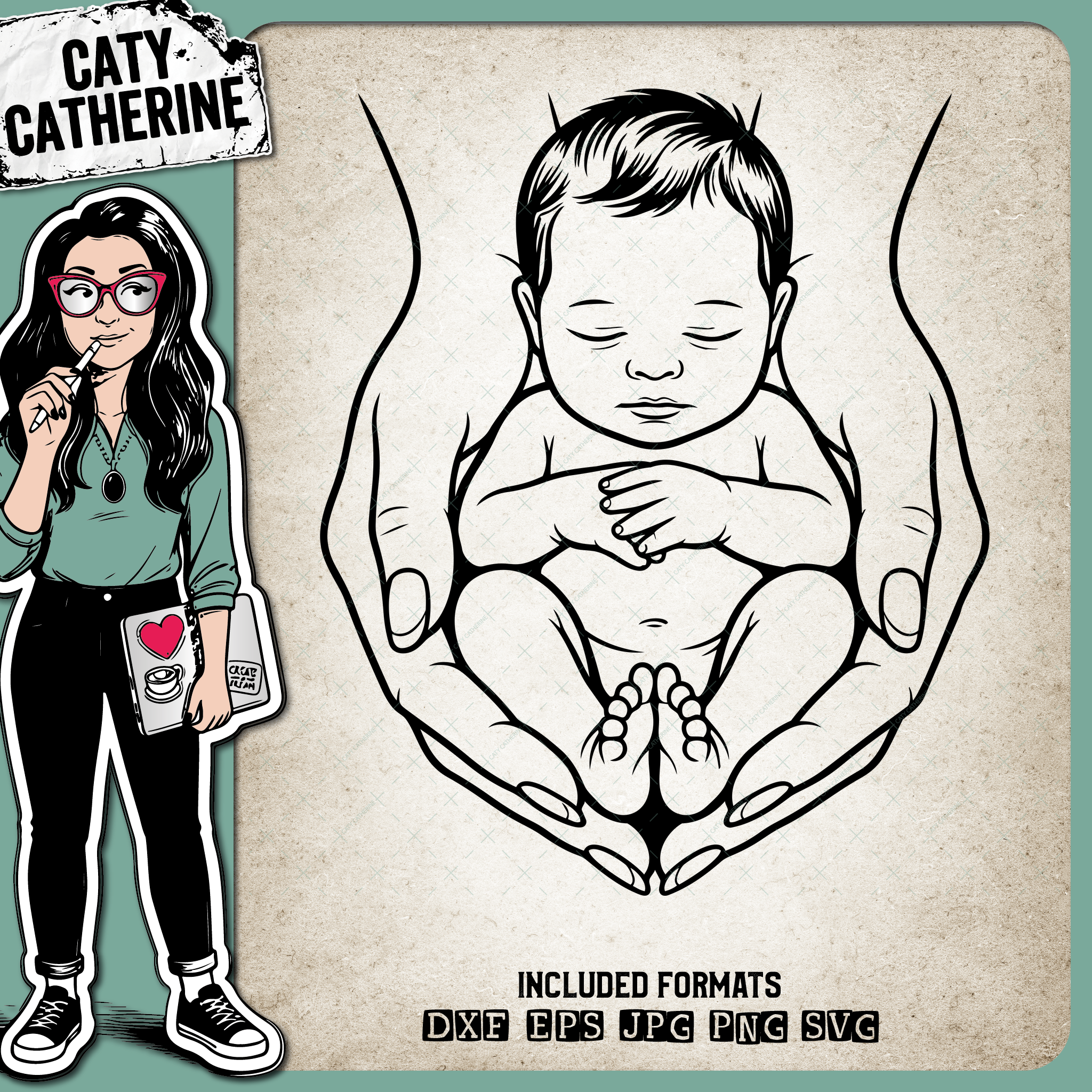 Sleeping Baby in Caring Hands Line Art – Babies & Kids SVG Design by Caty Catherine