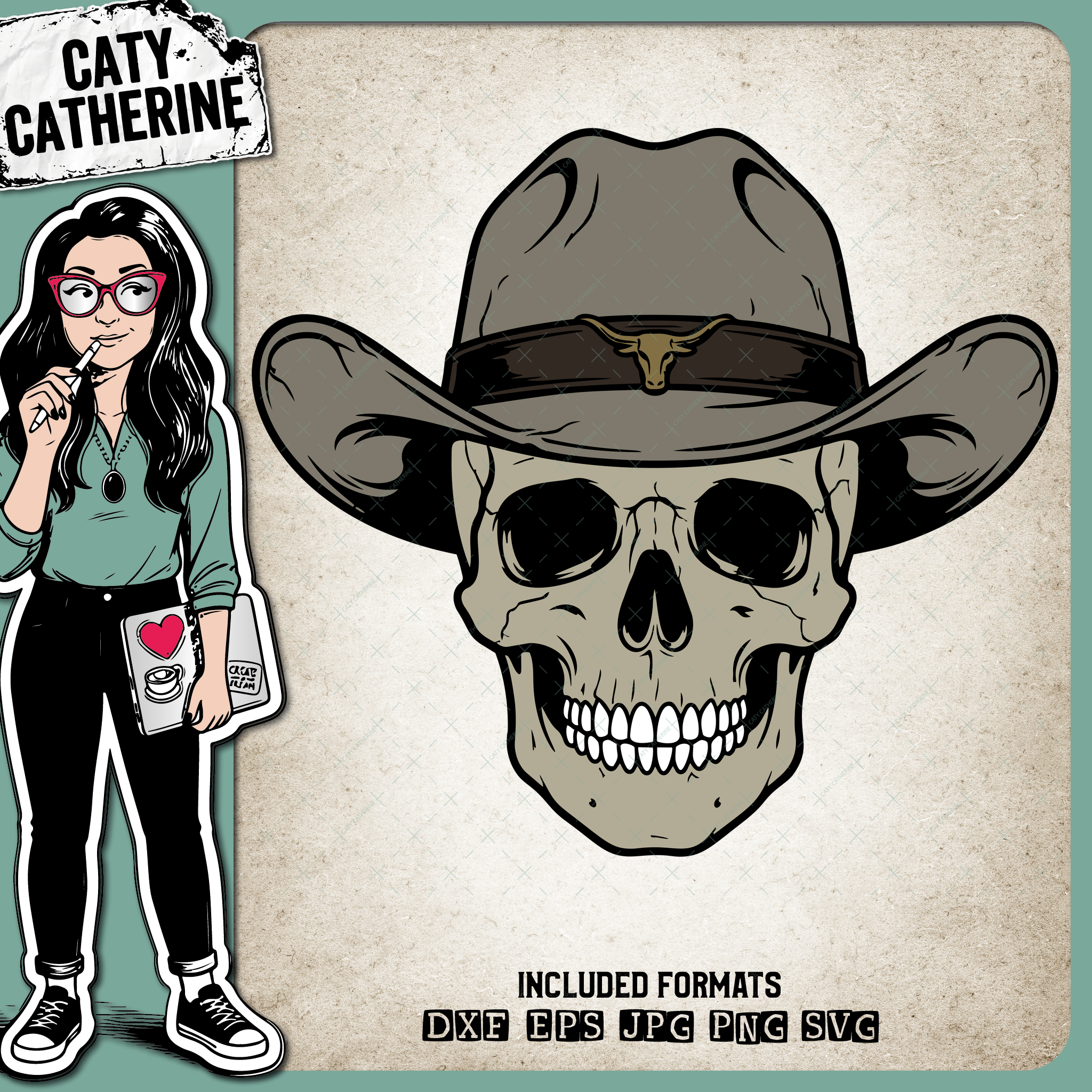 Cowboy Skull Bull Horn Hat Design – Western SVG Design by Caty Catherine