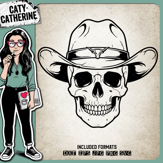 Cowboy Skull Western Bull Horn Hat Design – Western SVG Design by Caty Catherine