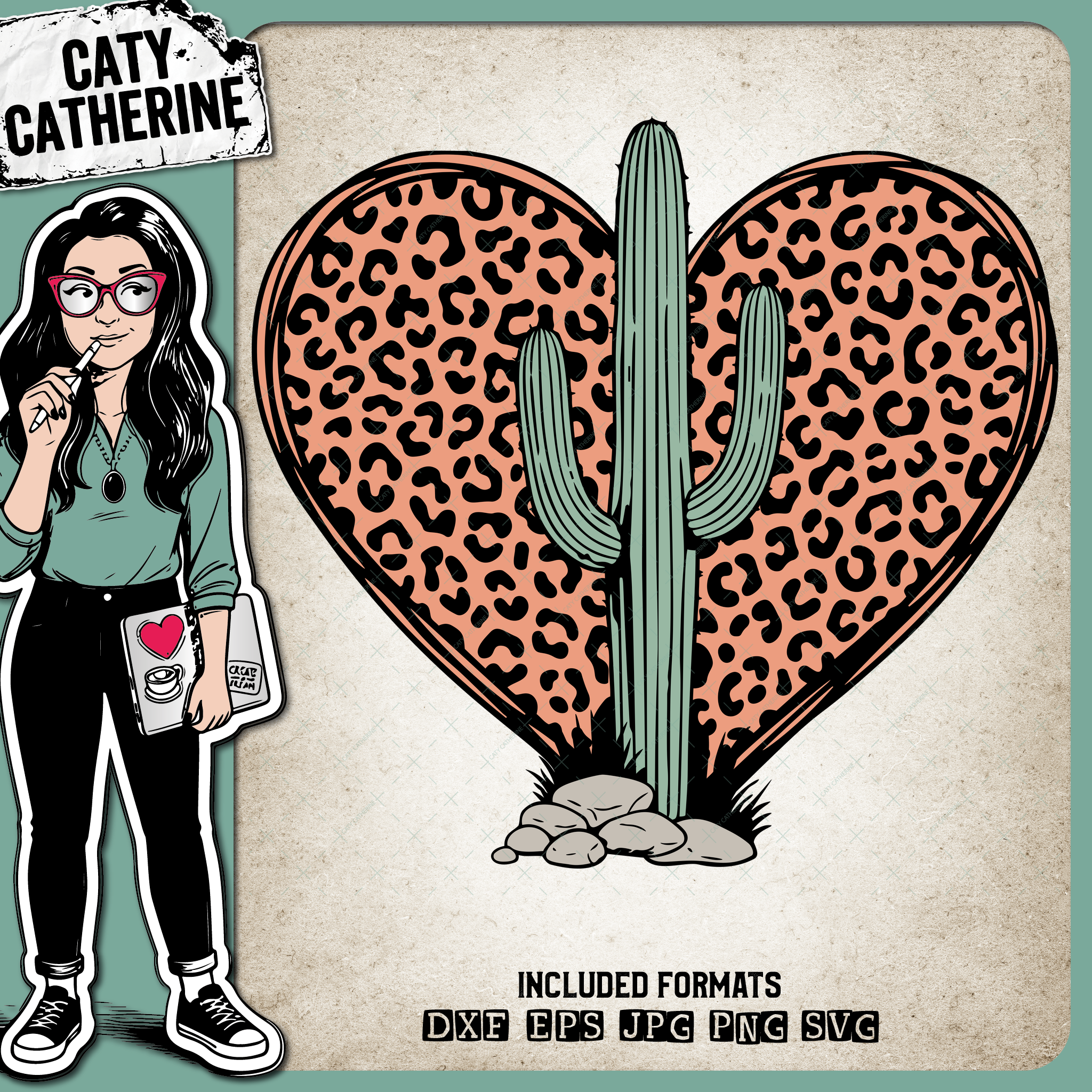 Leopard Print Love Heart with Cactus – Love SVG Design by Caty Catherine