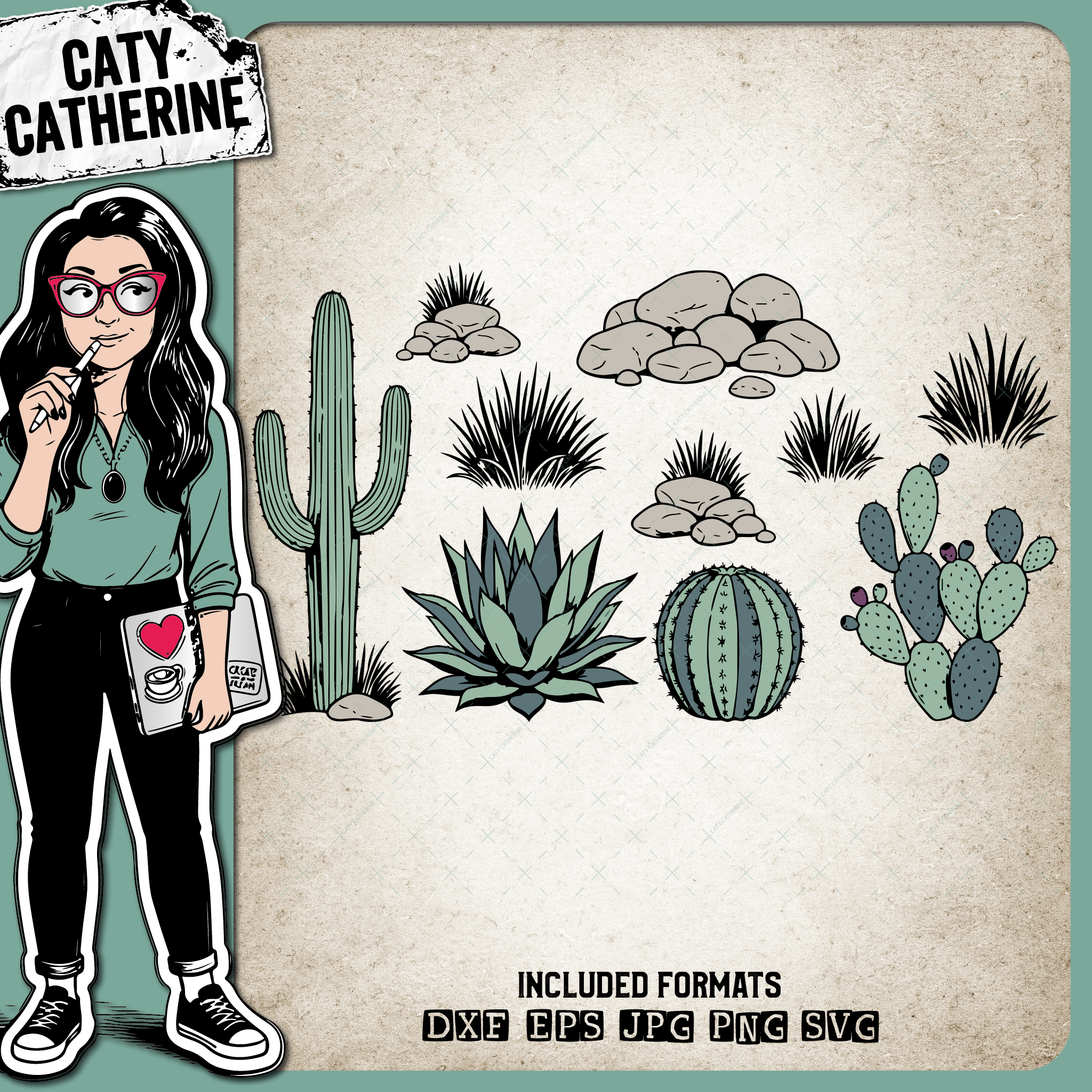 Cactus Cacti Desert Rocks Clip Art – Outdoors SVG Design by Caty Catherine