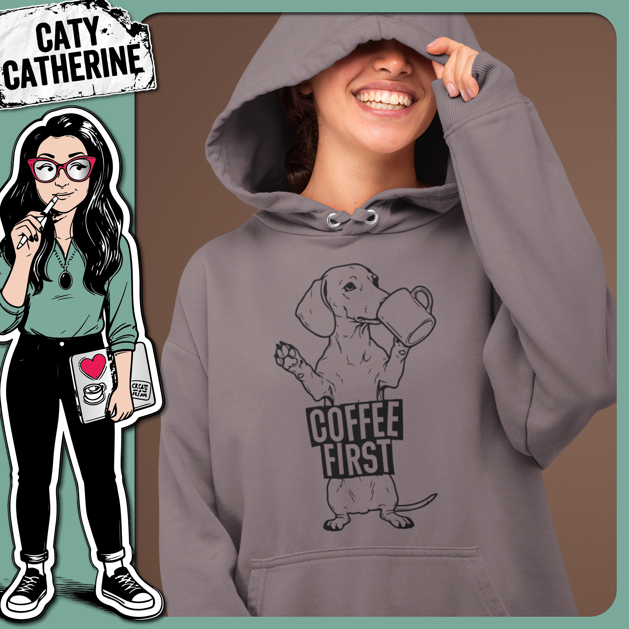 Coffee First Dachshund Doxie Dog with Mug – Food & Drink SVG Design by Caty Catherine